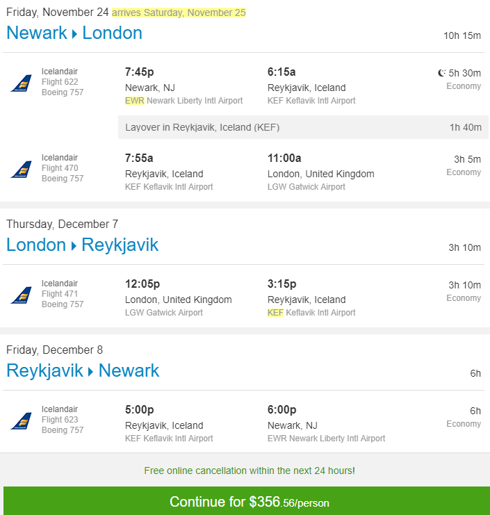EWR to KEF, KEF to LGW, LGW to KEF, KEF to EWR